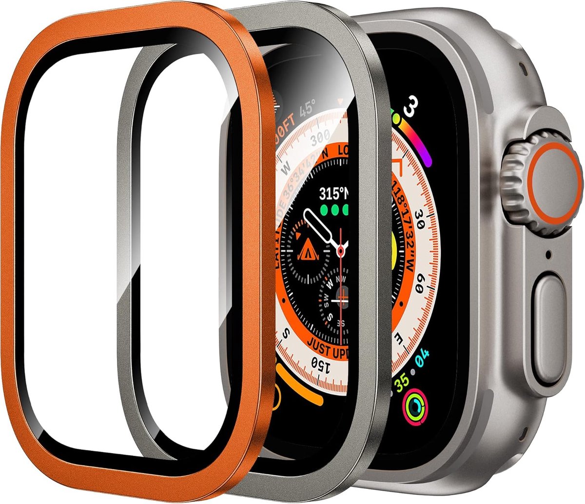 Sander Shop voor Apple Watch Ultra 3/2/Ultra Screen Protector 49mm, 9H gehard glas + Titanium legering Frame, [Keep Original] [Touch Sensitive] Lichtgewicht beschermende glazen film voor iwatch Ultra 2 Pack-Origineel + Oranje