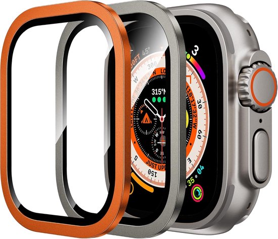 Sander Shop voor Apple Watch Ultra 3/2/Ultra Screen Protector 49mm, 9H gehard glas + Titanium legering Frame, [Keep Original] [Touch Sensitive] Lichtgewicht beschermende glazen film voor iwatch Ultra 2 Pack-Origineel + Oranje