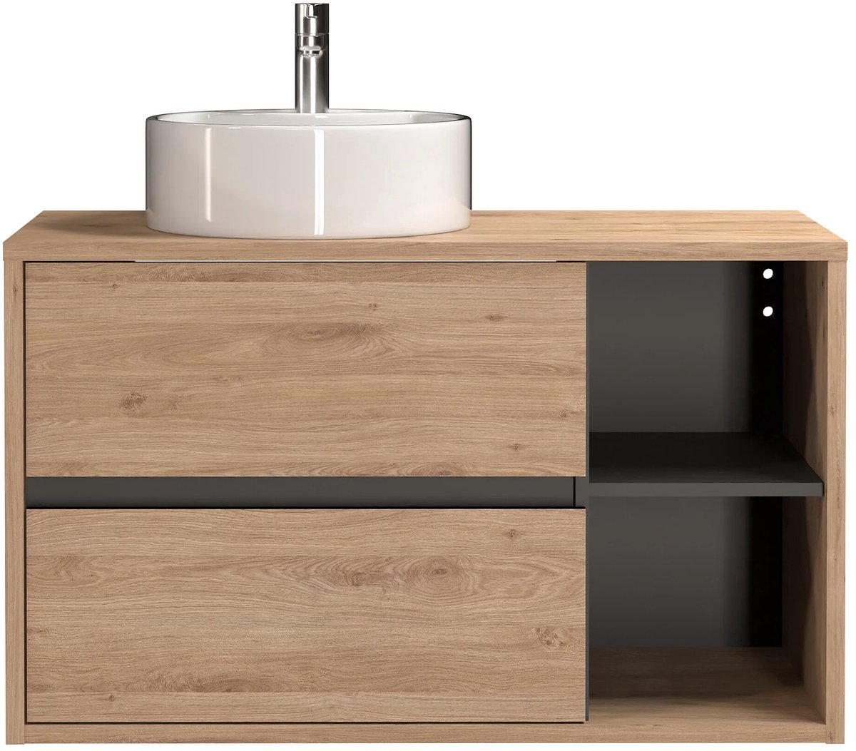 Bathroom Vanity with Round Countertop Basin 100 cm – Natural Oak – 2 Drawers & Soft-Close – Wall-Mounted Bathroom Cabinet – Durable & Eco-Friendly – ABKantoor