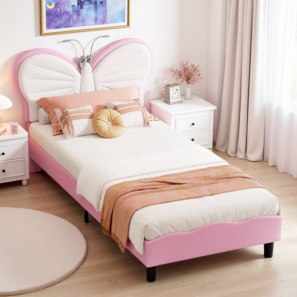 ROSAHQNDA Kinderbed 90x200cm Elegant prinsessenbed Eenpersoonsbed voor jongens en meisjes Roze Zonder matras