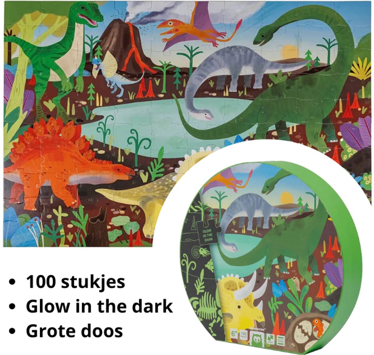 Eurekakids Puzzel Dinosaurus - 100 Stukjes - Glow in the Dark - Rechthoekig - 91 x 61 - Grote Dino Legpuzzel / Vloerpuzzel voor Kinderen - In Stijlvolle Verpakking