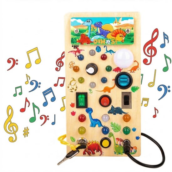 Montessori Busy Board met LED Lichtjes - Houten Activiteitenbord - Educatief Speelgoed 1 Jaar, 2 Jaar, 3 Jaar - Sensorisch Reisspeelgoed voor Peuters - Motoriek Speelgoed - Dinosaurus serie