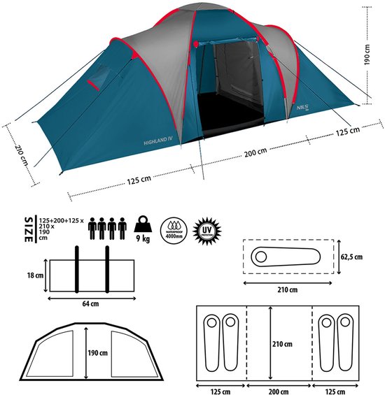 Nils Camp Highland IV - Familietent - 4 Personen - 2 Slaapkamers - Ruime Voortent - Waterdicht van Merkloos — afbeelding 4
