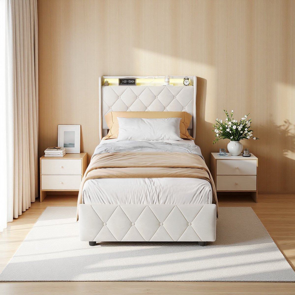 ROSAHQNDA Eenpersoonsbed 90 x 200 cm, Jeugdbed met 2 lades, Houten lattenbodem, Kinderbed, Bed met opbergruimte, LED-verlichting, Beige flanellen hoes