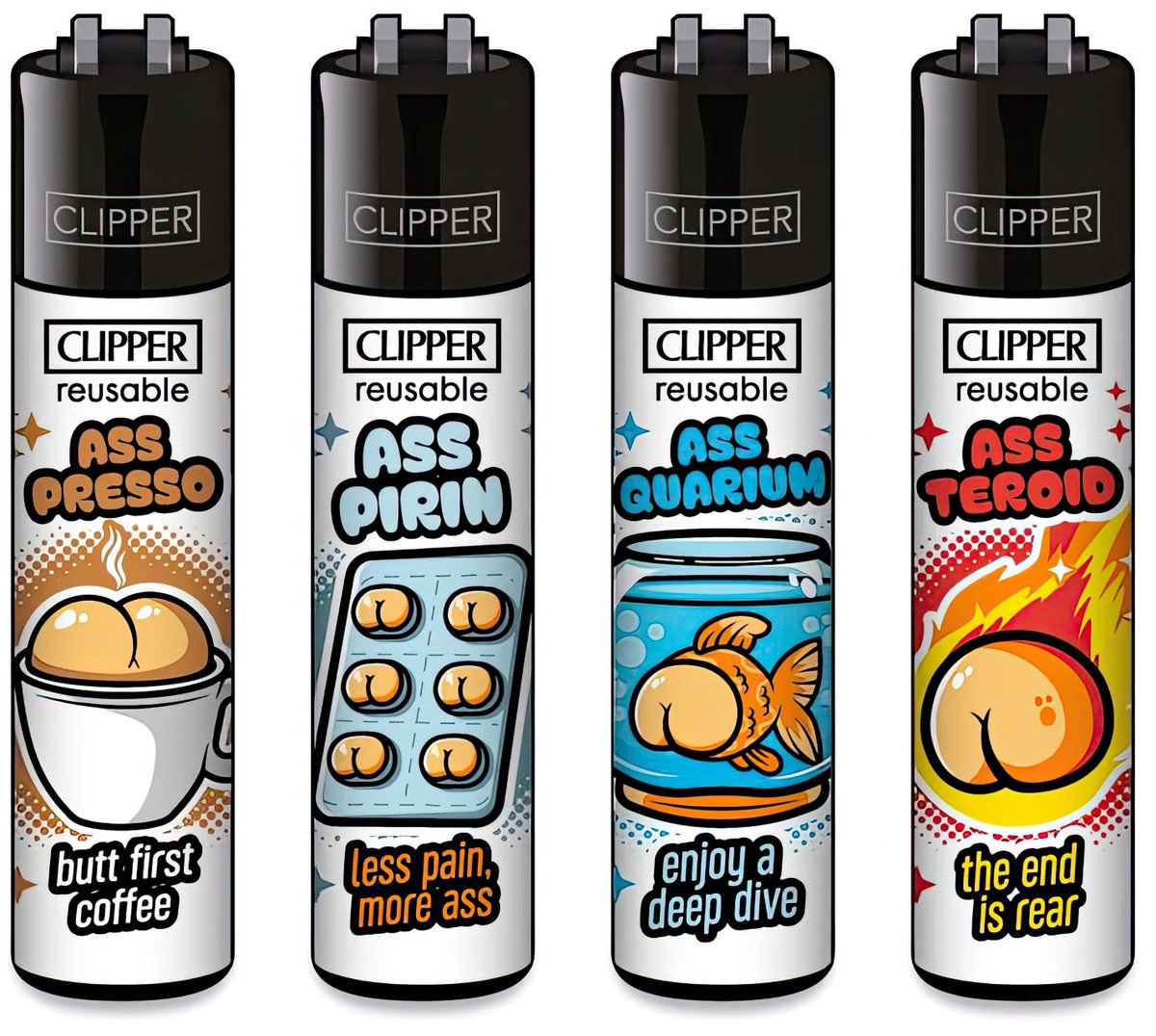 Clipper Classic Large Aanstekers "Ass Collection #2" (4 Stuks)