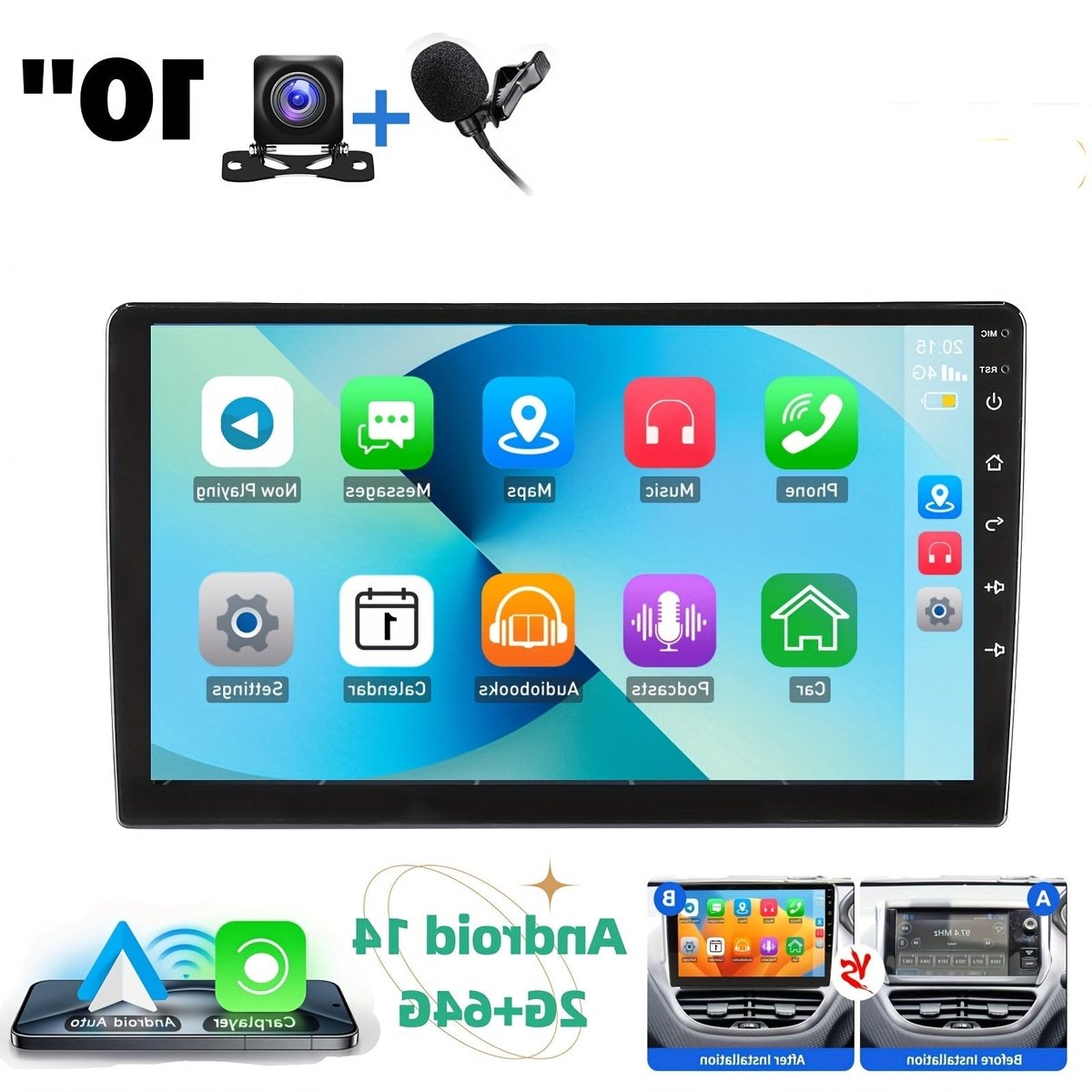 Multimedia Auto Radio – 2 DIN Autoradio – Car Stereo – Touchscreen Radio – Android Car Radio – Met AHD Camera & Microfoon – 10,1 Inch Scherm – Android 14 Systeem