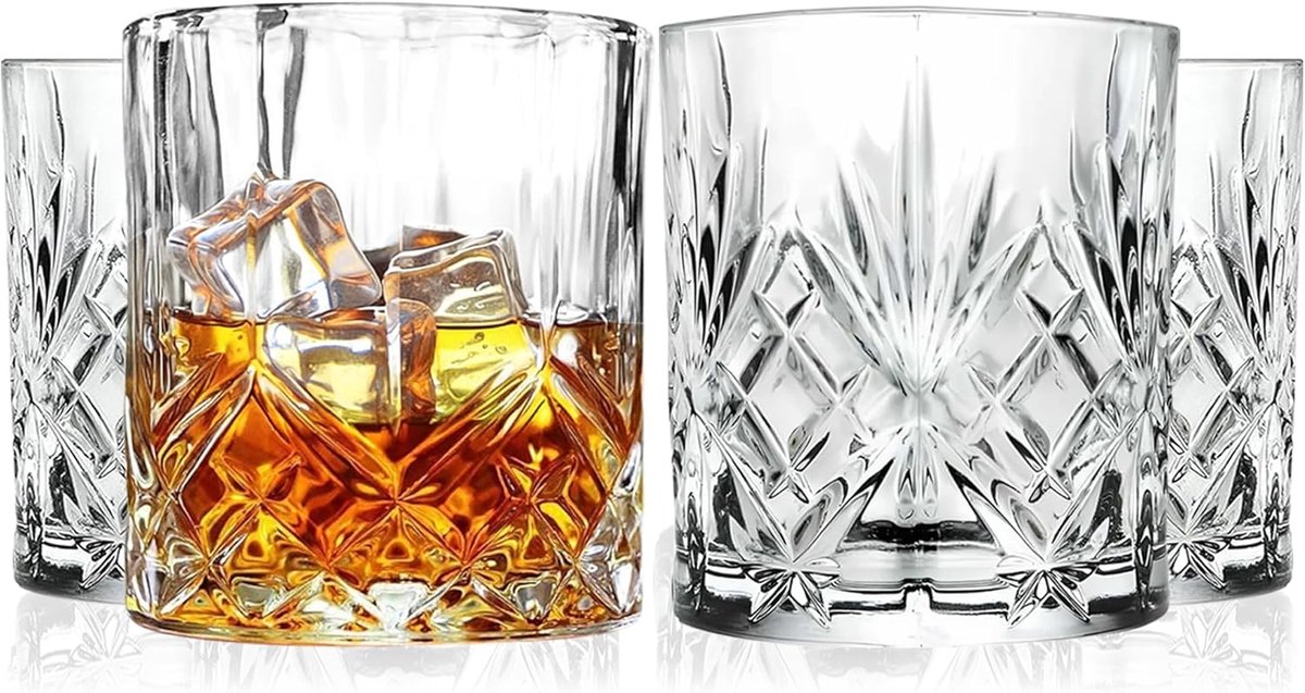 Set van 4 Kristallen Whiskyglazen - Dubbel Ouderwets Lowball Tumbler - 300ml Drankglazen
