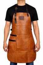 Leren Schort Licht Bruin - Camel - Cognac Heren Barbecue – Stoer Lederen Schort Man BBQ Accessoire van echt Leer voor Heren + Handdoeklus + Groot Vak – Mannen – Leren BBQ kookschort als Cadeau voor Kerst, Vaderdag of Verjaardag