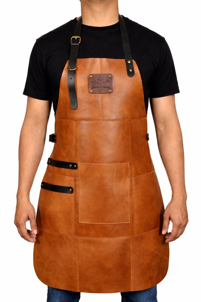 Leren Schort Licht Bruin - Camel - Cognac Heren Barbecue – Stoer Lederen Schort Man BBQ Accessoire van echt Leer voor Heren + Handdoeklus + Groot Vak – Mannen – Leren BBQ kookschort als Cadeau voor Kerst, Vaderdag of Verjaardag
