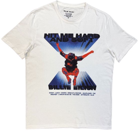 Wit T-shirt met Billie Eilish-logo en afbeelding van een springend figuur met rode accenten. Tekst "HIT ME HARD AND SOFT" en tracklist.
