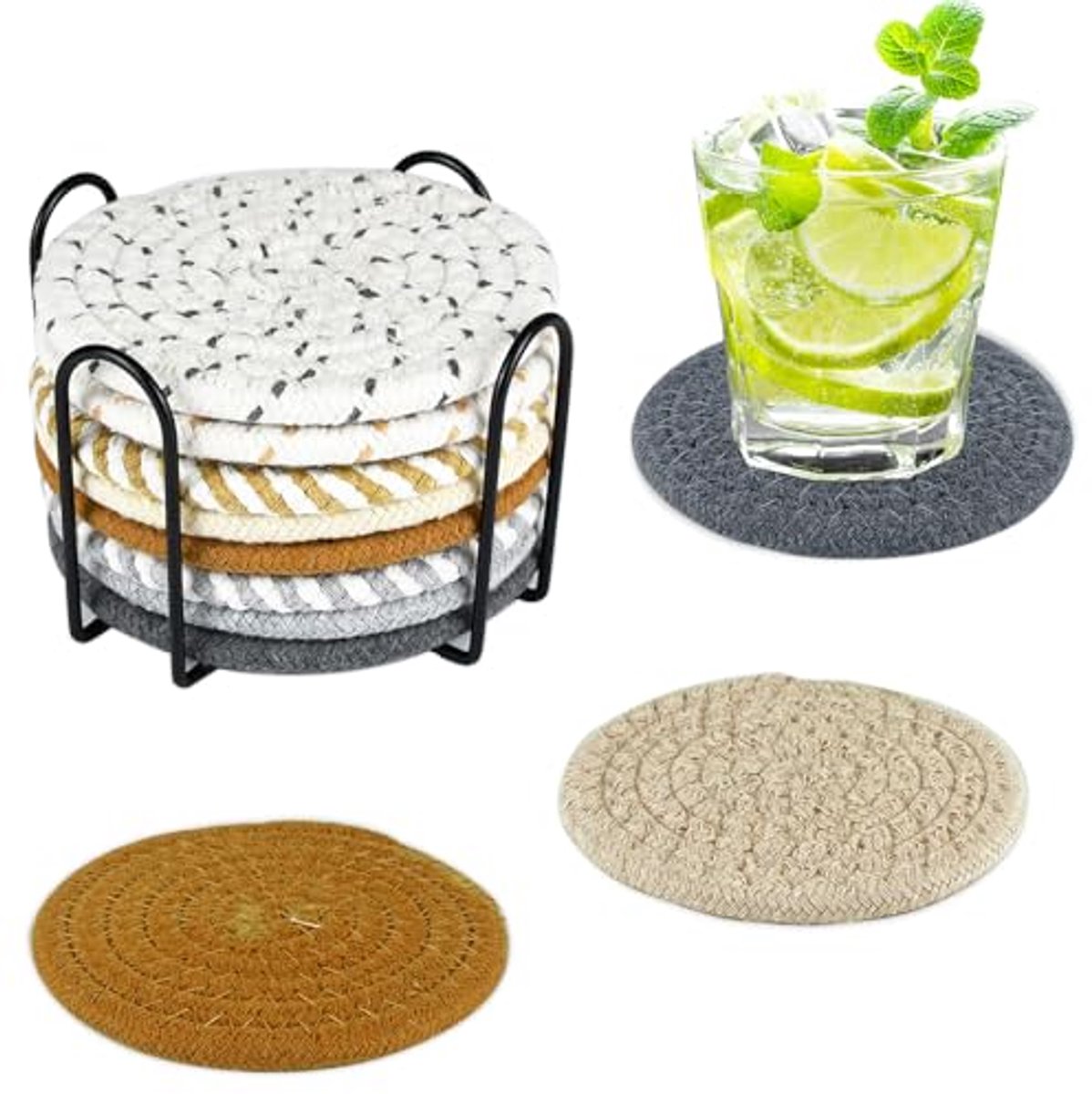 Onderzetters, 8-delige set, 11 cm gevlochten onderzetters met houder, ronde katoenen onderzetters