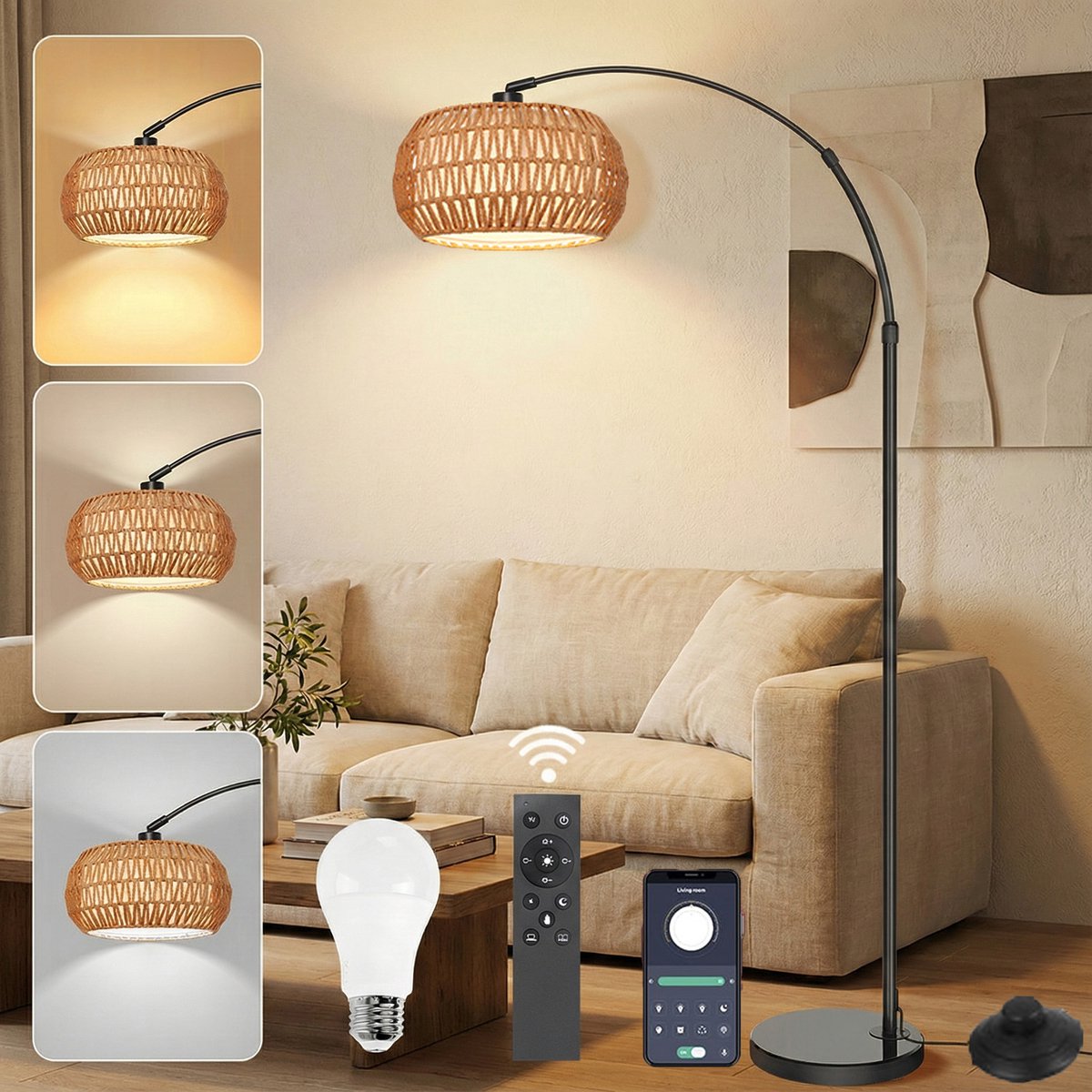 MUPOO Boho vloerlamp Booglamp met Rotan Kap met 360° draaibare arm & Marmeren voet- Hoogte Verstelbaar Staande Lamp met 3-in-1 Design & Traploos Dimbaar - Sfeerverlichting Woonkamer & Kantoor
