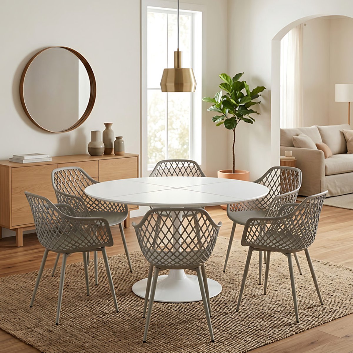 EGGREE eettafel en stoelen set - tafel met een diameter van 120 cm en 6 grijze stoelen - geschikt voor bar - keukeneiland -café en eetkamer. Wit-R6G