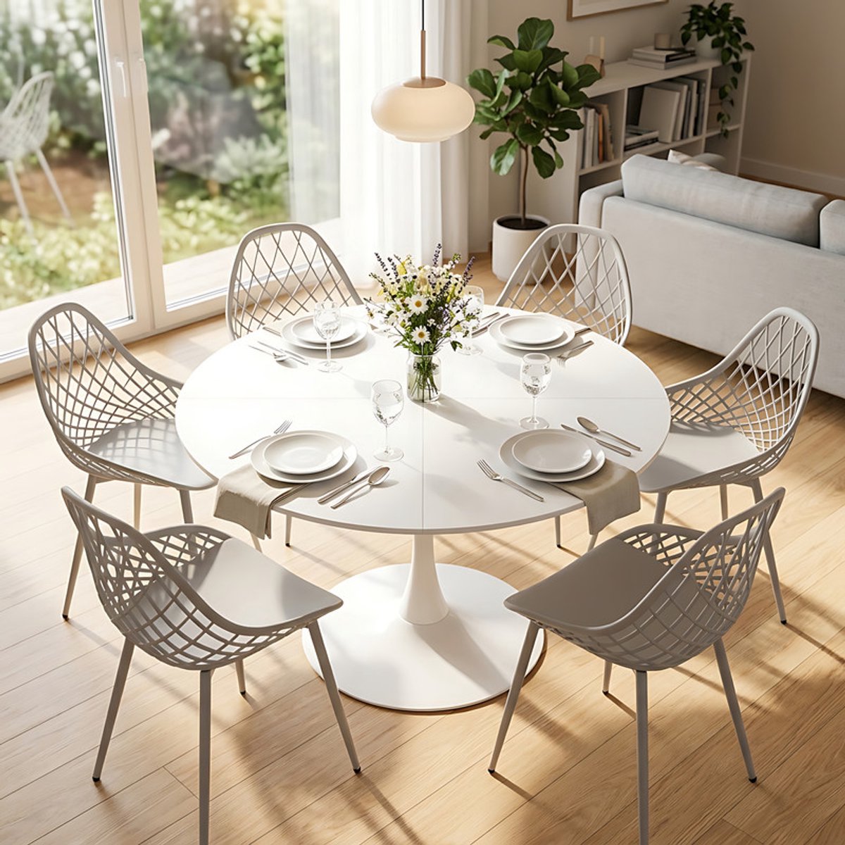 EGGREE eettafel en stoelen - 6 grijze eetkamerstoelen - tafel Ø 120 cm - voor bar - café en eetkamer Wit-M6G