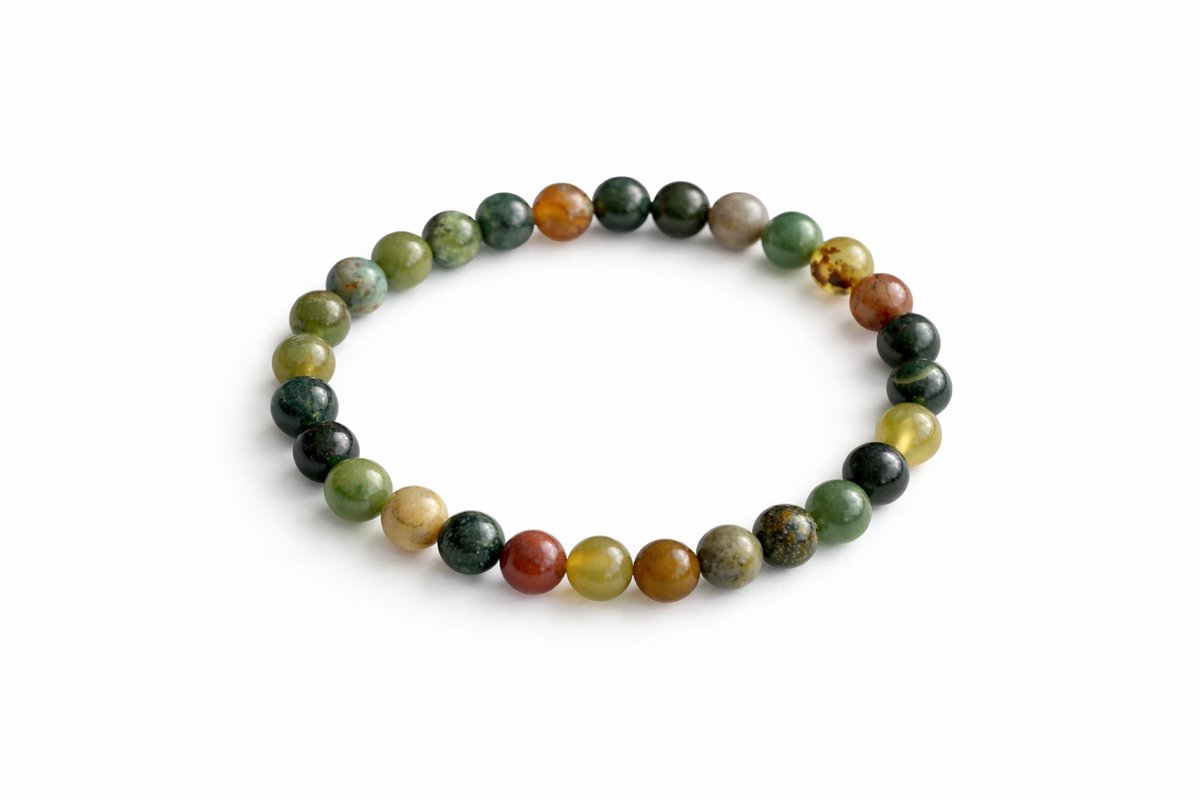 Indian Agaat Armband 16 cm – 6 mm Kralen – Natuursteen Armband – Groen Multikleur – Elastisch – Dames en Heren