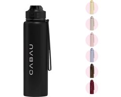 Cabau Bloom RVS Waterfles 870ml Black - Geïsoleerde BPA-vrije & Lekvrije Thermosfles - Duurzame Herbruikbare Drinkfles met Schoonmaakborstel & Draagkoord - BPA vrij Sportfles Dames - Waterfles Volwassenen - Cadeau voor Haar