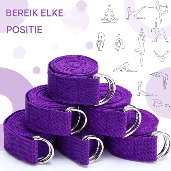 longziming-Yoga Riem - Yoga strap - Stretch Band - Pilates - 6 stuks - 2,4 meter - 3,8 cm breed - D-vormige metalen gesp - Antislip katoen-polyester - Zwart & paars - Voor flexibiliteit, rekken en yogahoudingen - Paars — afbeelding 4