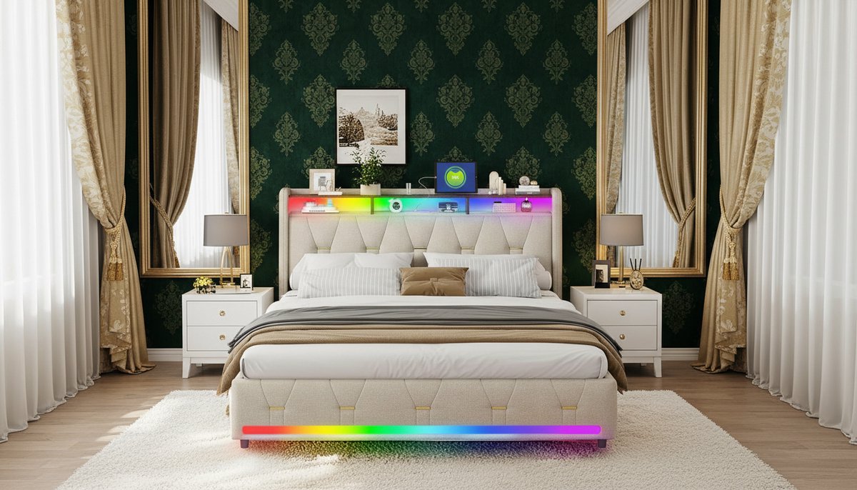 Gestoffeerd Tweepersoonsbed 160x200 cm met 4 Opberglades, LED Verlichting, USB & Type-C Oplaadstation – Casa Velluto Luxe Bed met Opberghoofdbord, Houten Lattenbodem en Linnen Stoffering – Modern Bedframe Beige
