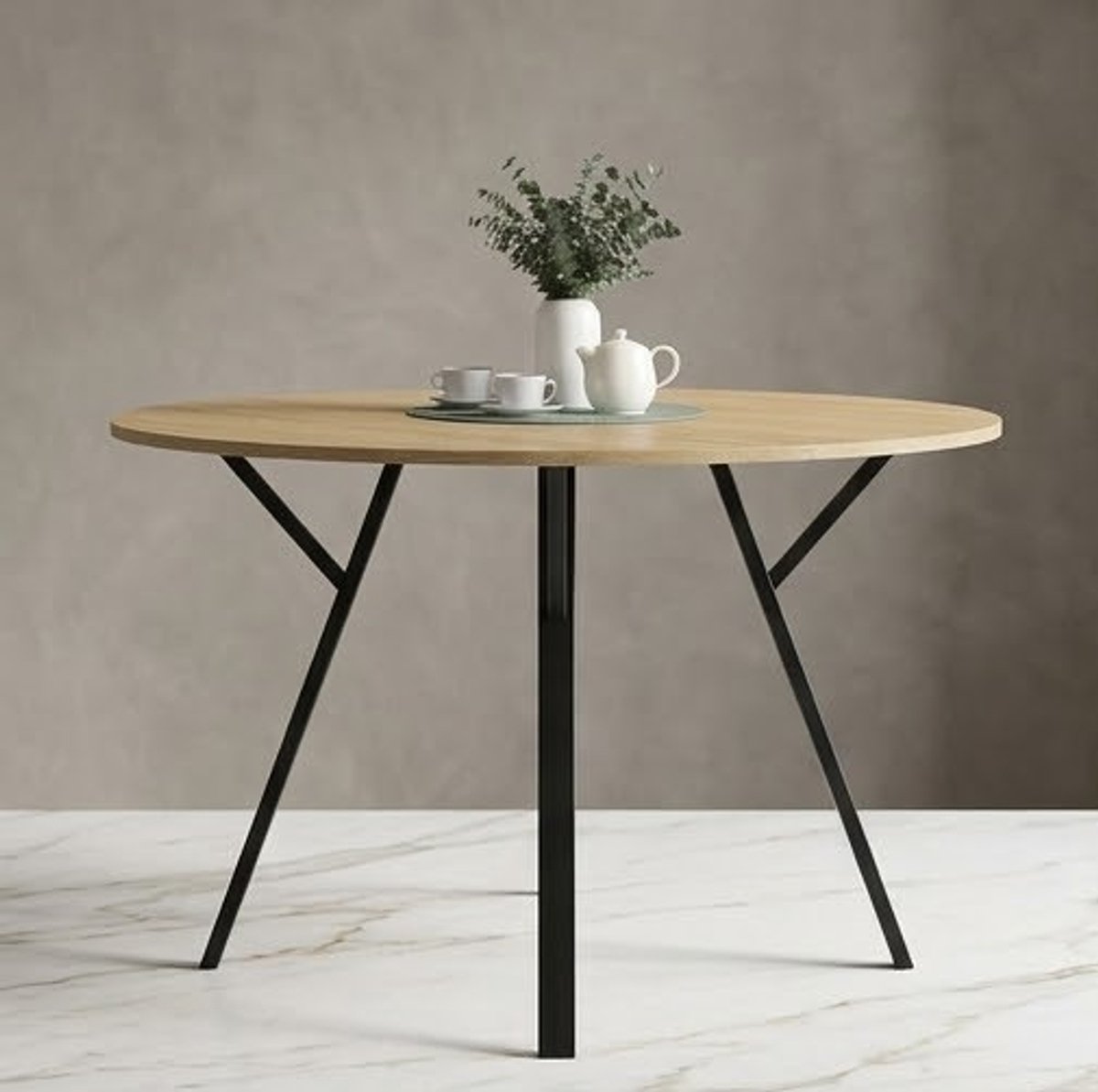 Ronde Industriële Eettafel 110 cm voor 4-6 personen - Houtlook Tafelblad met Zwart Metalen Onderstel - Moderne Eetkamertafel - Casa Serena – 110 cm – Casa Dorada