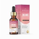 Ravenza Oil Mix flesje met druppelaar, naast de verpakking. 50 ml. Plantaardige oliemix.