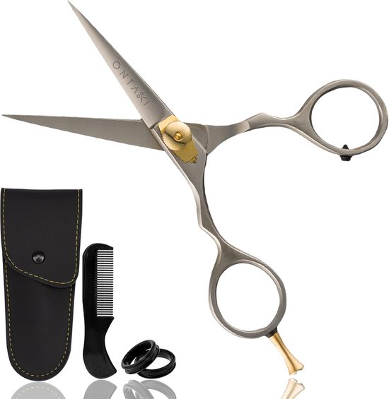 Japanse stalen schaar, zwart kam, etui en ringen.