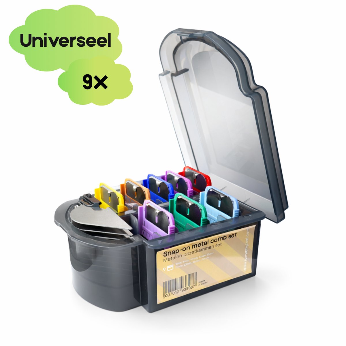 Furry Original® Hondentondeuse Opzetkammen - met Universeel Snap On Systeem - 9 Stuks 3 tot 32 Mm - Dikke Vacht & Honden Pootjes - Trimset Geschikt voor Professionele Hondentrimmer - Hond & Dieren Tondeuse - Accessoires Set Metaal