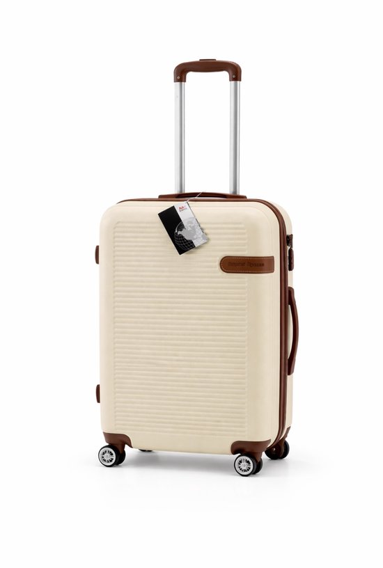 Beige koffer met bruine accenten en een uitschuifbare handgreep. Het handvat en de wielen zijn bruin.