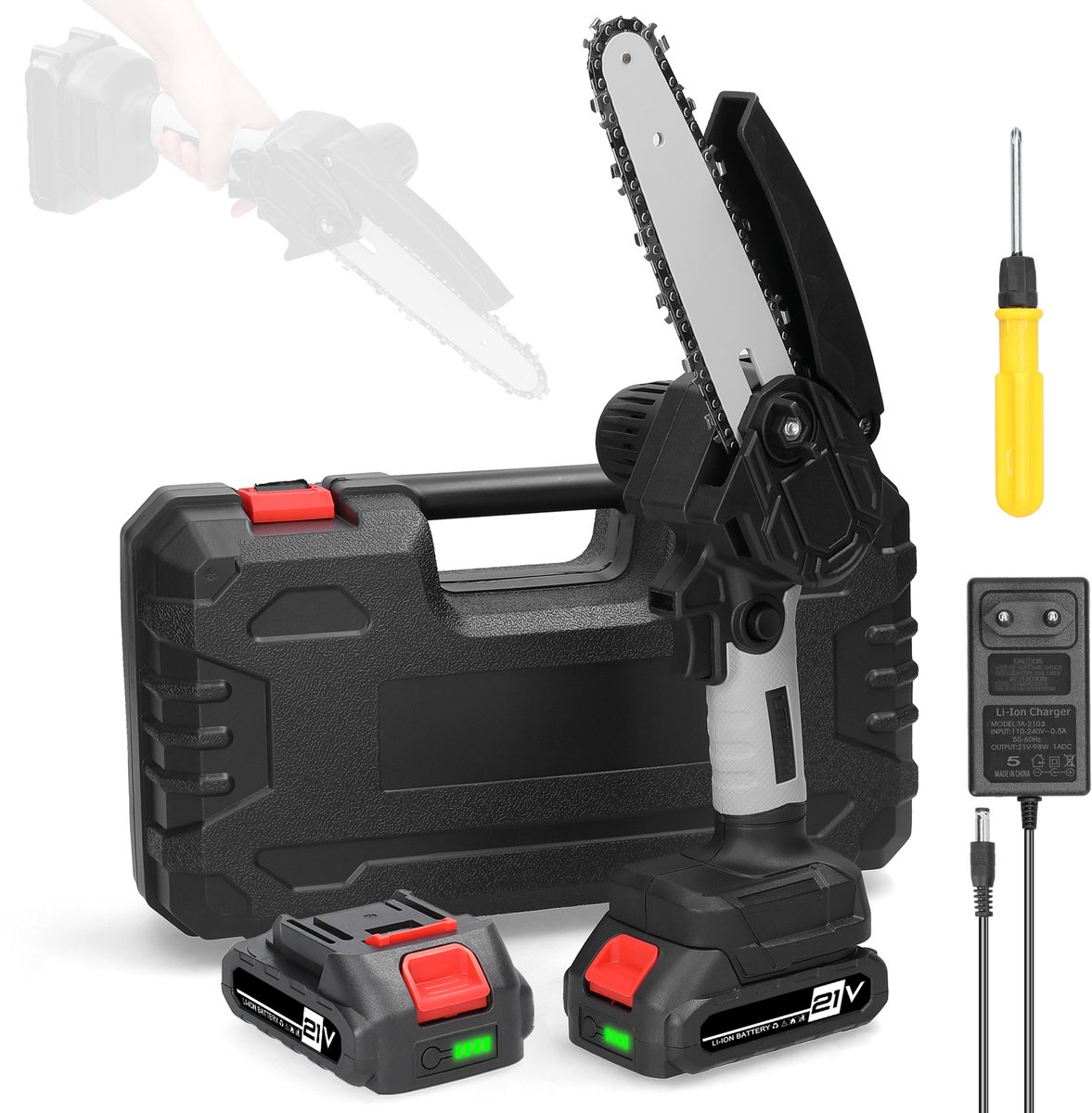 Mini kettingzaag Inclusief 2 Led-Accu's - 2X 1300mAh - Grijs - Snoeizaag - Takkenzaag - Thuis Houtbewerking