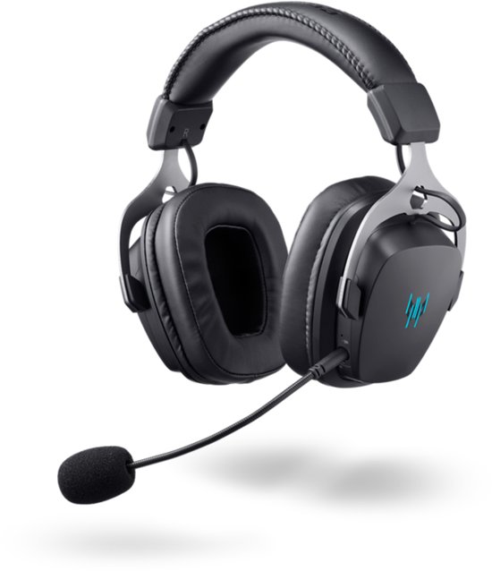 Casque de jeu noir, vu de côté, avec écouteurs argentés, microphone et logo bleu.