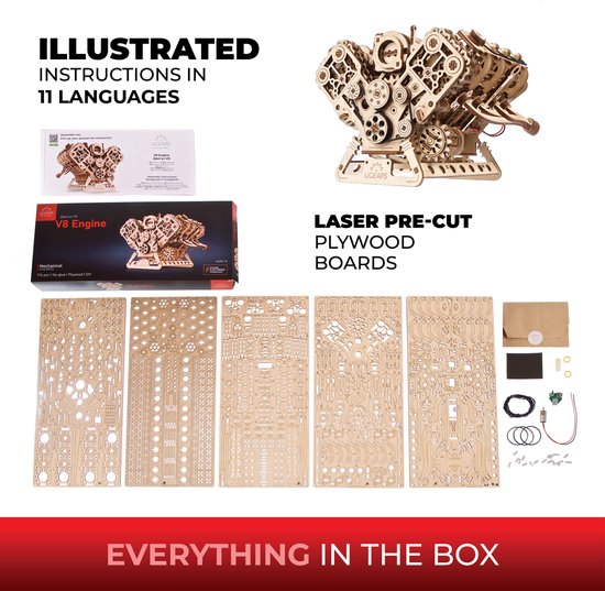 Ugears V8 Engine modelbouwset: doos, handleiding, uitgesneden multiplex platen en onderdelen.