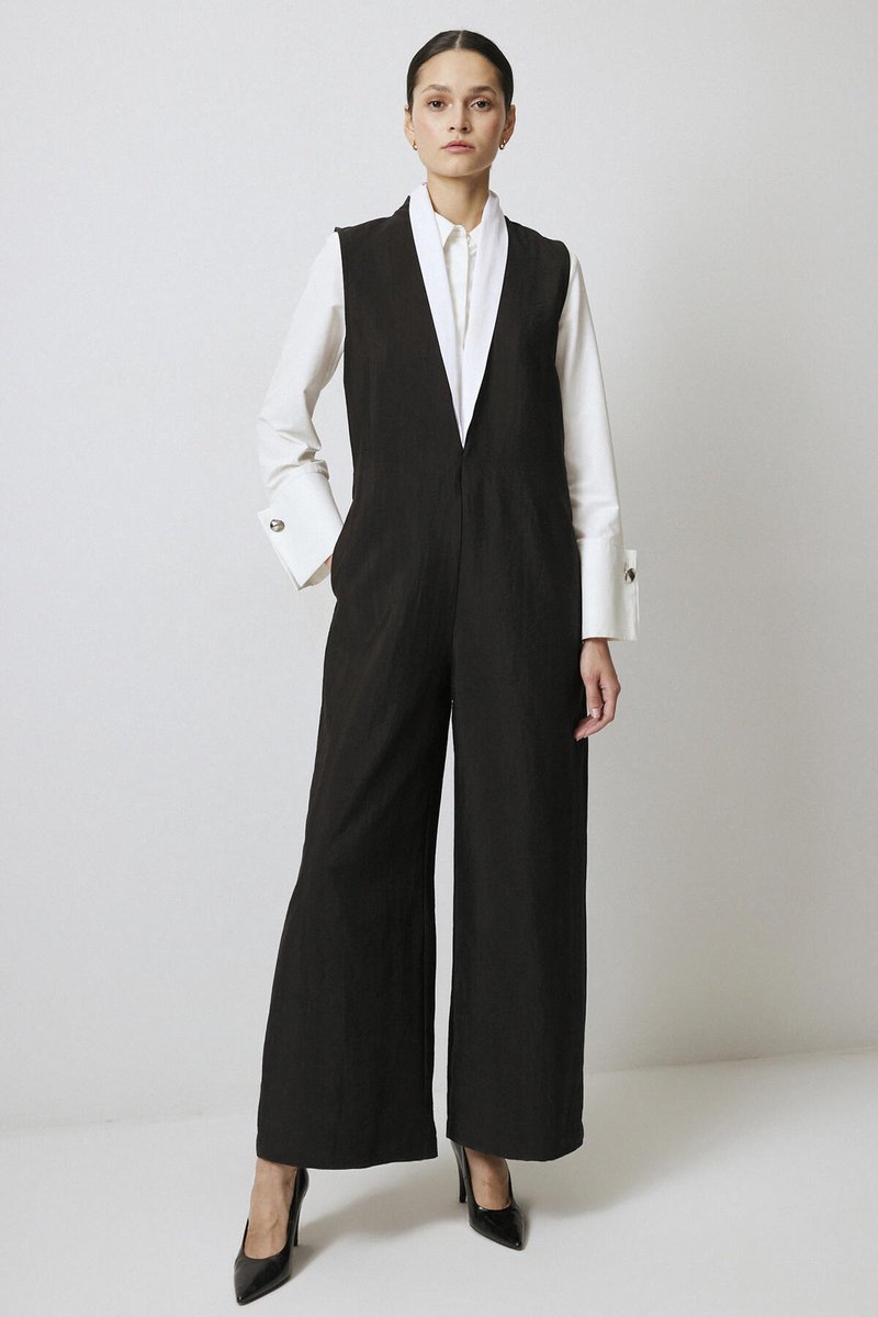 Touché Privé - Cupra jumpsuit met contrastkraag - Zwart - Dames