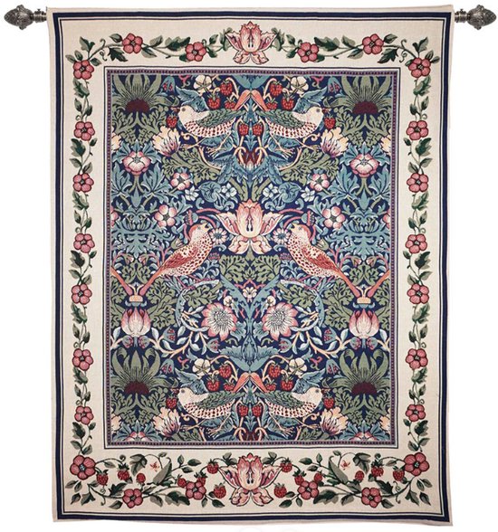 Wandkleed - Strawberry Thief - William Morris - blauw - 112x 140 cm - Lichte Bloemenrand