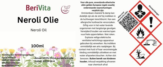 BeriVita Neroli Olie 100ml fles met waarschuwingssymbolen en gedetailleerde informatie over het product.