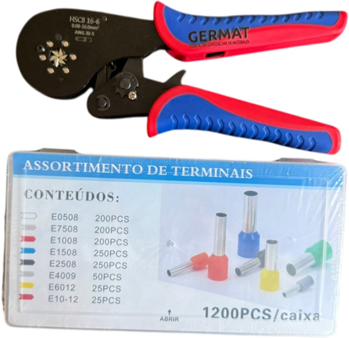 Adereindhuls Krimptang 0,25-16mm² Germat – Kabelkrimptang Vierkant – Inclusief 1.225 Adereindhulzen – Professionele Kabelschoentang