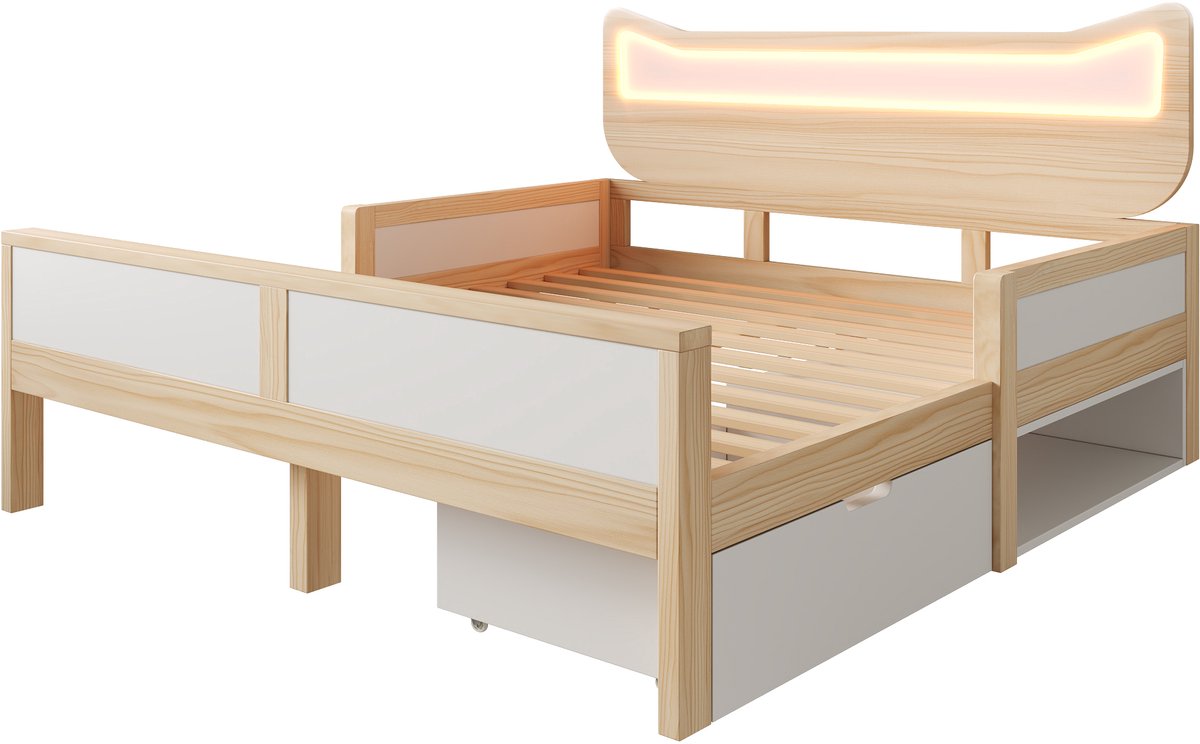 Wishdor Kinderbed - Kattenvormig Hoofdbord Met Led-Verlichting En Opberglade - Landelijke Stijl - Hout - Wit En Eik - 140 X 200 Cm Eiken, wit