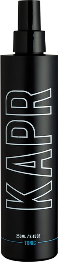 Zwarte KAPR Tonic sprayfles met verlichting in blauw en oranje.