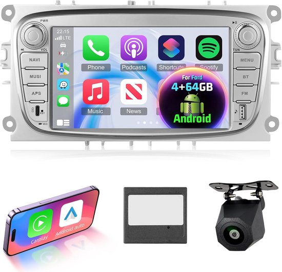 Autoradio Android 4GB+64GB Per Ford Focus, S-Max, Mondeo, Galaxy, C-Max, Kuga – 7 Pollici Con Carplay, GPS, WiFi, Bluetooth 5.0 E Telecamera