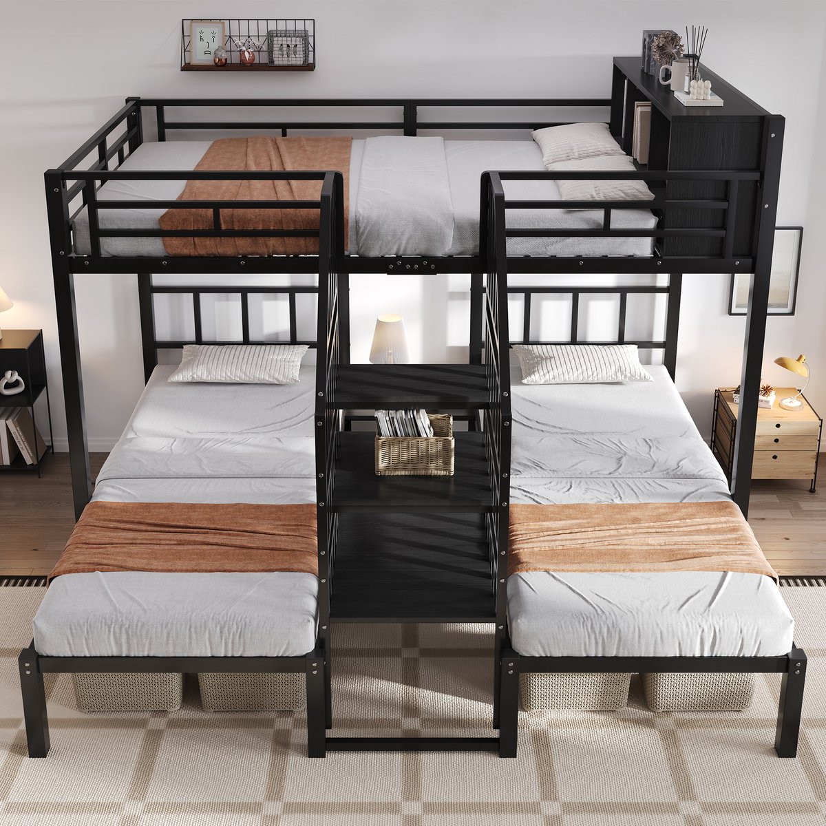 Wishdor Stapelbed 90x200/140x200 cm - 3 Slaapplaatsen met Uitschuifbed - Trap met Leuningen - Opbergruimte in het Bovenbed - Stevig Ijzeren Lattenbodems - FSC-gecertificeerd - Geschikt voor Groot Gezin - Metaal en Hout - Zwart