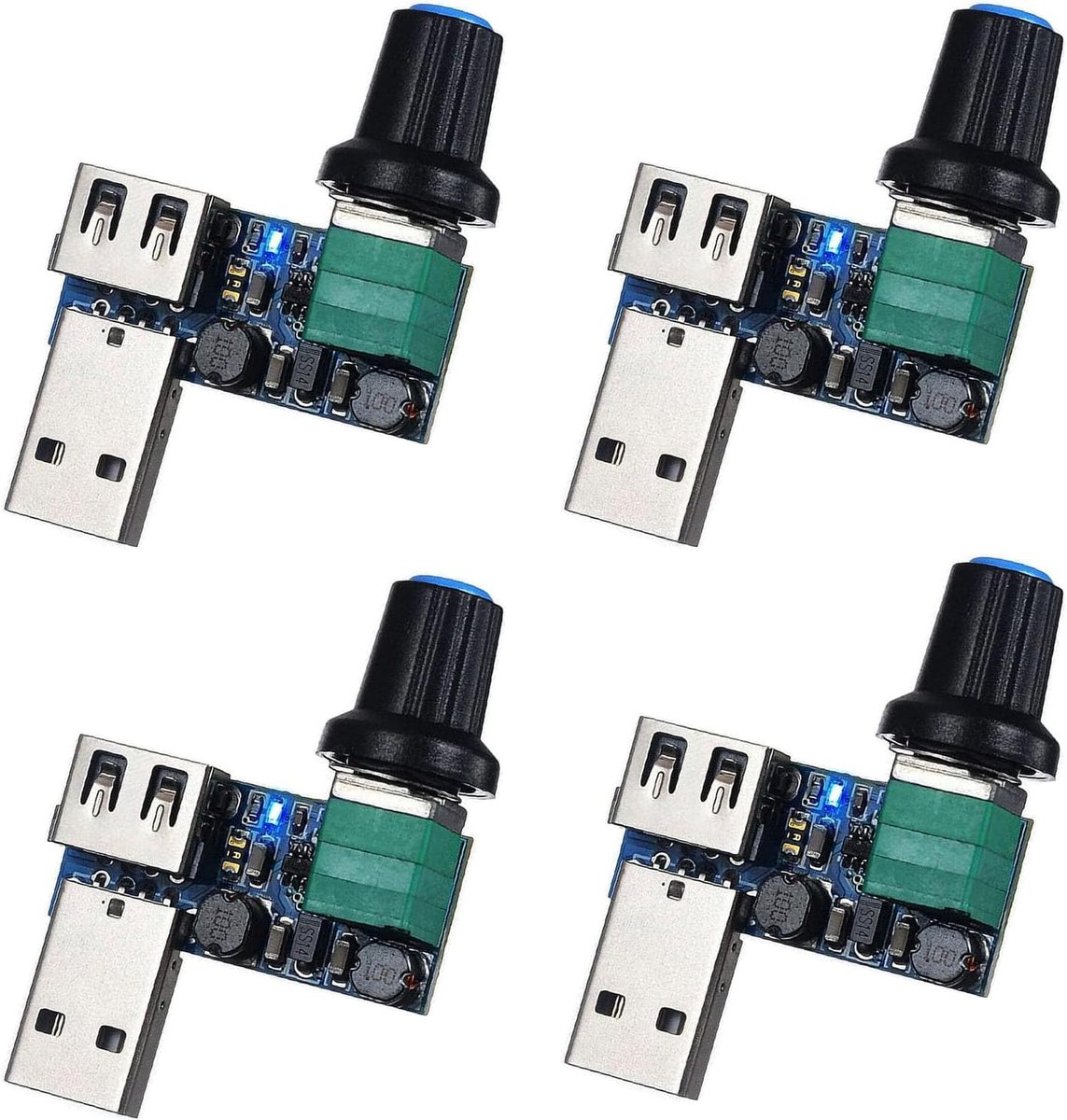 Set van 4 USB-ventilatorsnelheidsregelaars, 5 W, DC 5 V, Stepless ventilatorcontrole