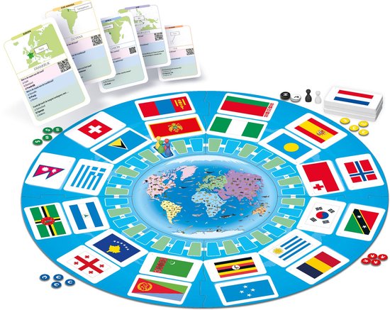 Bordspel "Vlaggen rond de Wereld Kennisquiz" met wereldkaart, spelbord met vlaggen, speelkaarten, fiches en dobbelstenen.