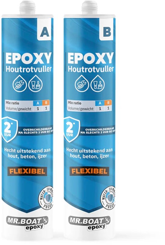 Twee kokers epoxy houtrotvuller "FLEXIBEL" van Mr.Boat, A en B, 600ml, blauw met witte tekst.
