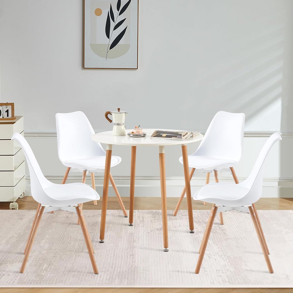 Ronde Eettafelset met 4 Stoelen in Wit voor Keuken en Woonkamer