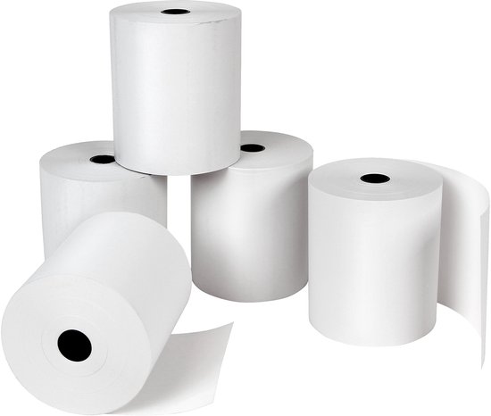 Vijf witte pinrollen, waarvan één uitgerold. De middelste rol heeft een zwarte kern.