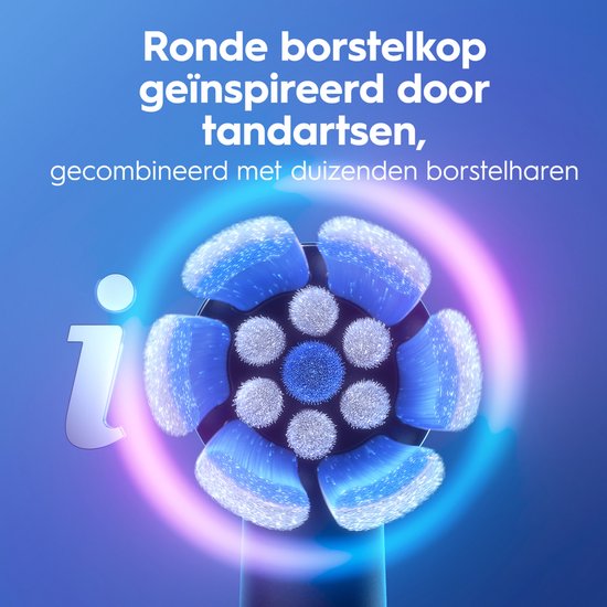Detailopname van de ronde Oral-B iO opzetborstel met blauwe en witte borstelharen.