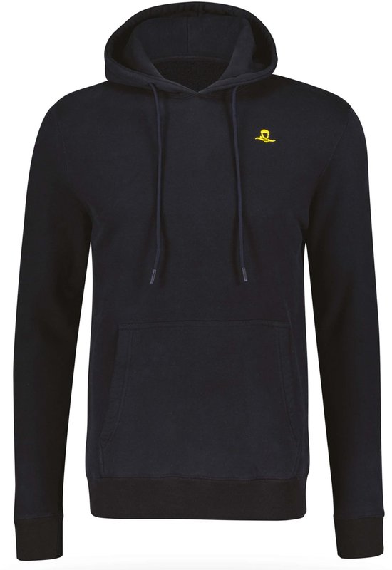 Donkerblauwe hoodie met kangoeroezak en gele opdruk op de borst.