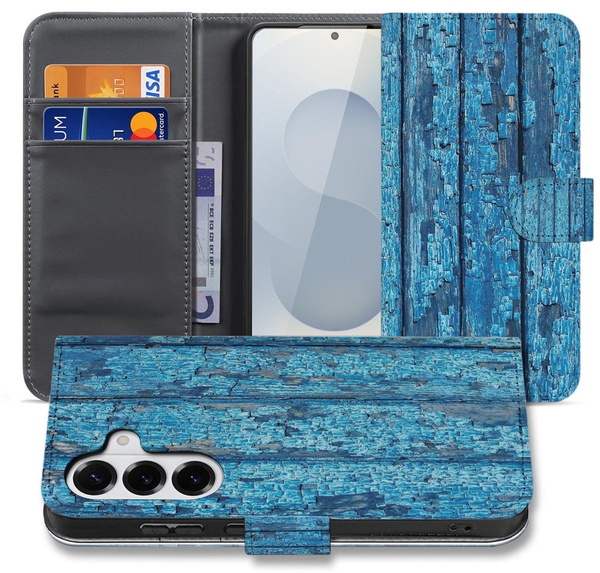 Samsung Galaxy S26 Book Case Hoesje Afgebladderd Blauw Hout