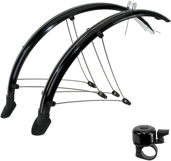 Zwarte fietsspatborden voor 20-inch wielen, met witte accenten, en een zwarte fietsbel.