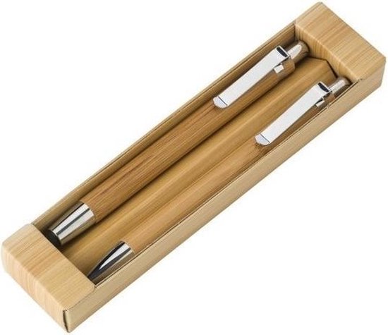 Bamboe pennenset in doosje 2-delig - balpen en vulpotlood - Kantoor/bureau benodigdheden