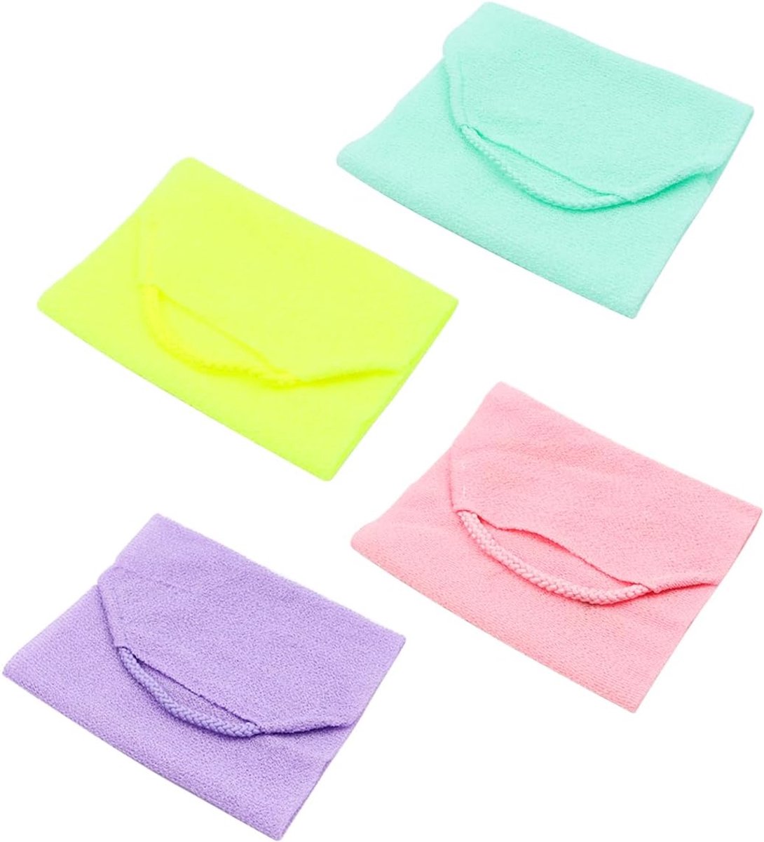 Set van 4 exfoliërende rugscrubbers met handgrepen in diverse kleuren