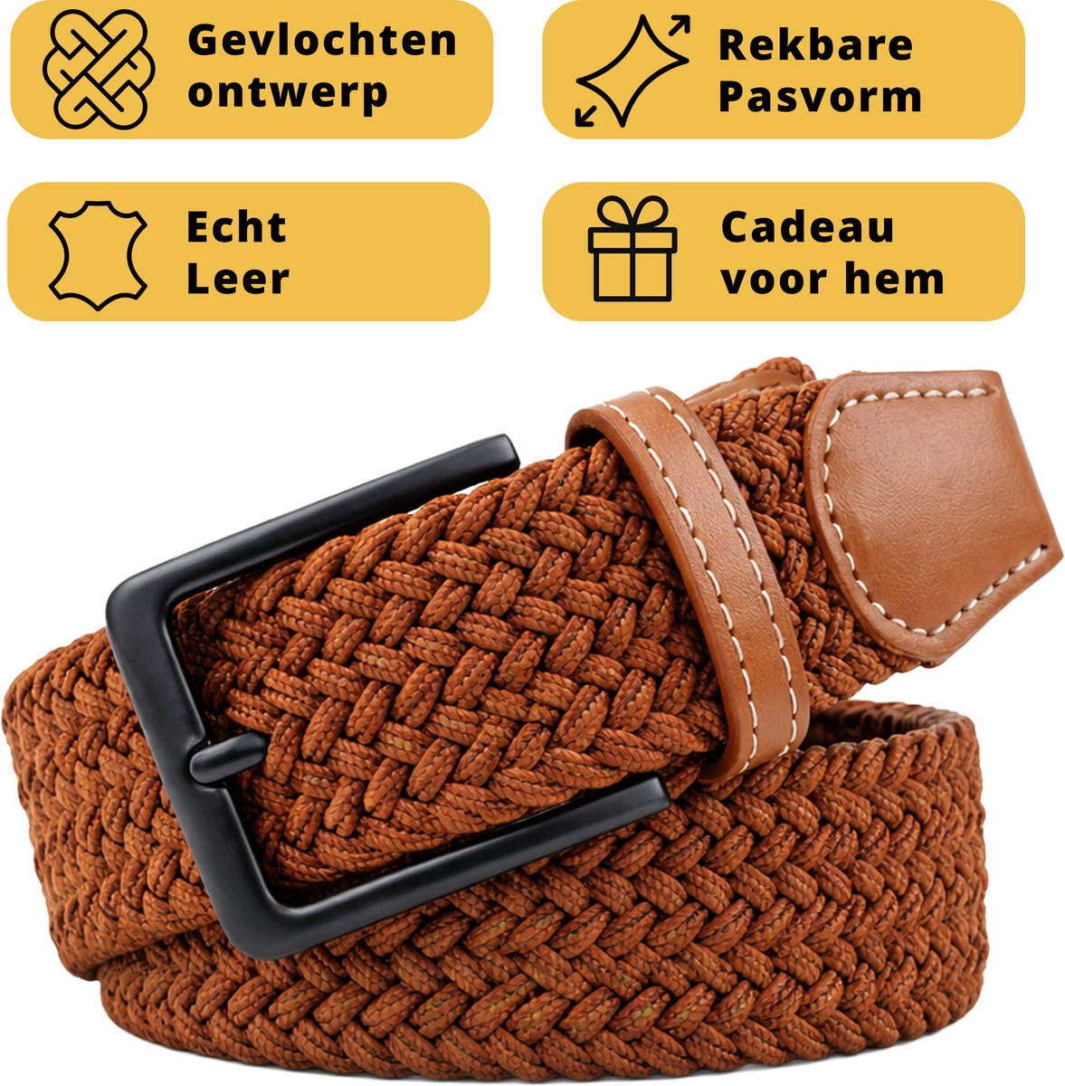Garzini Elastische Riem Heren - Gevlochten Broekriem Heren zonder gaatjes - Broekriem zonder gaatjes - W31-W33 (91-99 cm) - Licht Bruin